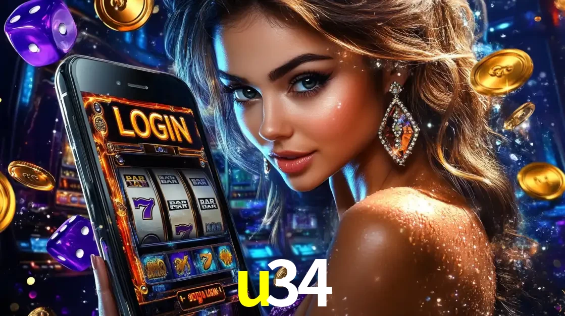 Mulher glamorosa segurando um smartphone com a tela de login para os jogos de caça-níqueis do cassino online u34, com moedas de ouro e dados ao redor.