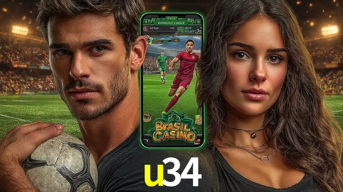 Homem segurando uma bola de futebol e uma mulher ao lado de um smartphone exibindo o jogo de apostas esportivas da u34. Faça seu palpite no cassino online.
